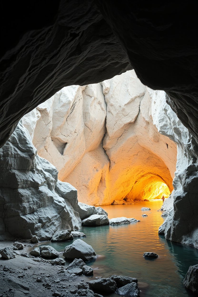 Sunlit Cave with Reflective Water and Rocky Interior