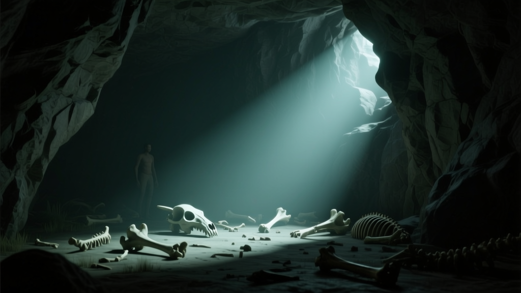 Sunlit Cave with Scattered Bones and Human Figure
