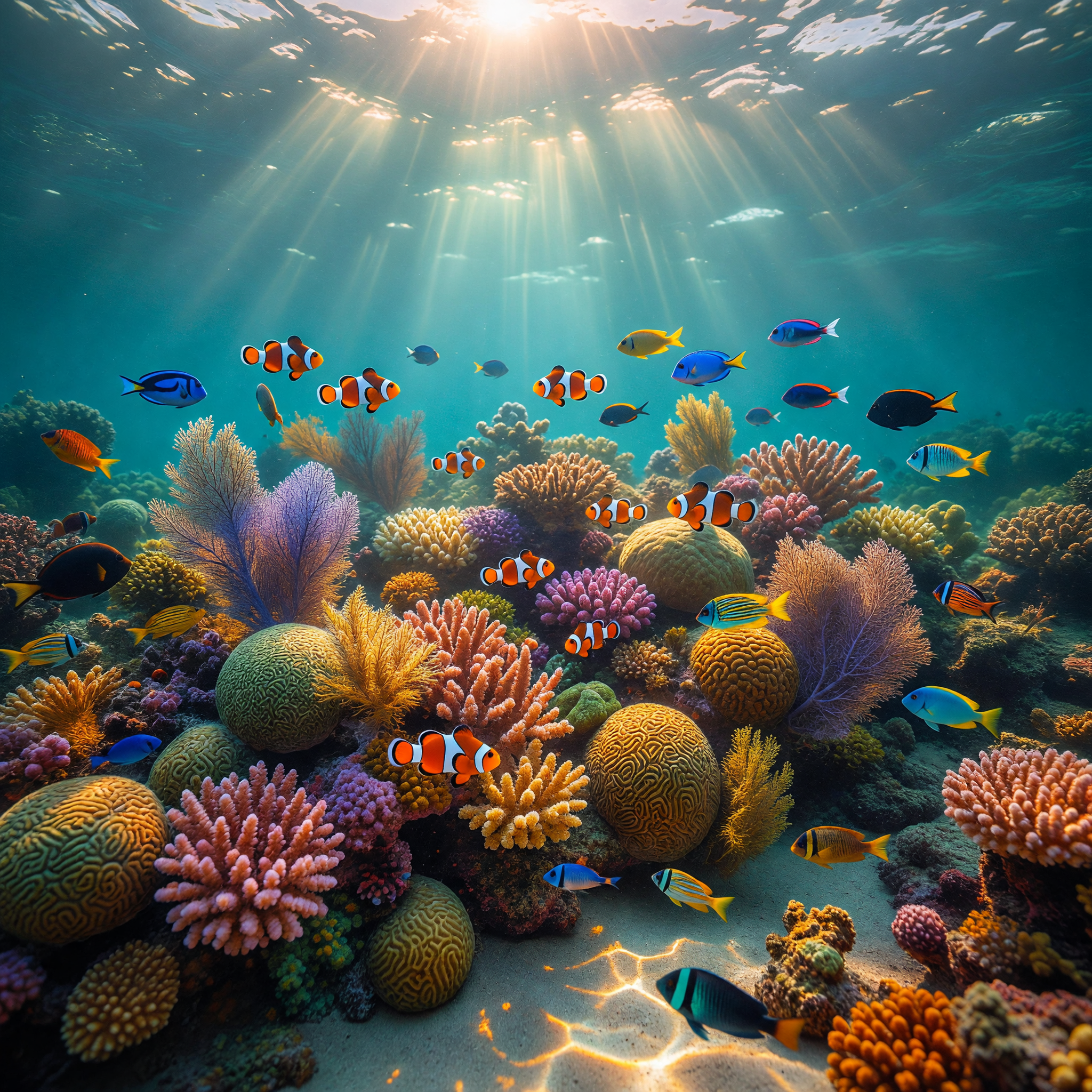 Sunlit Coral Reef with Colorful Tropical Fish