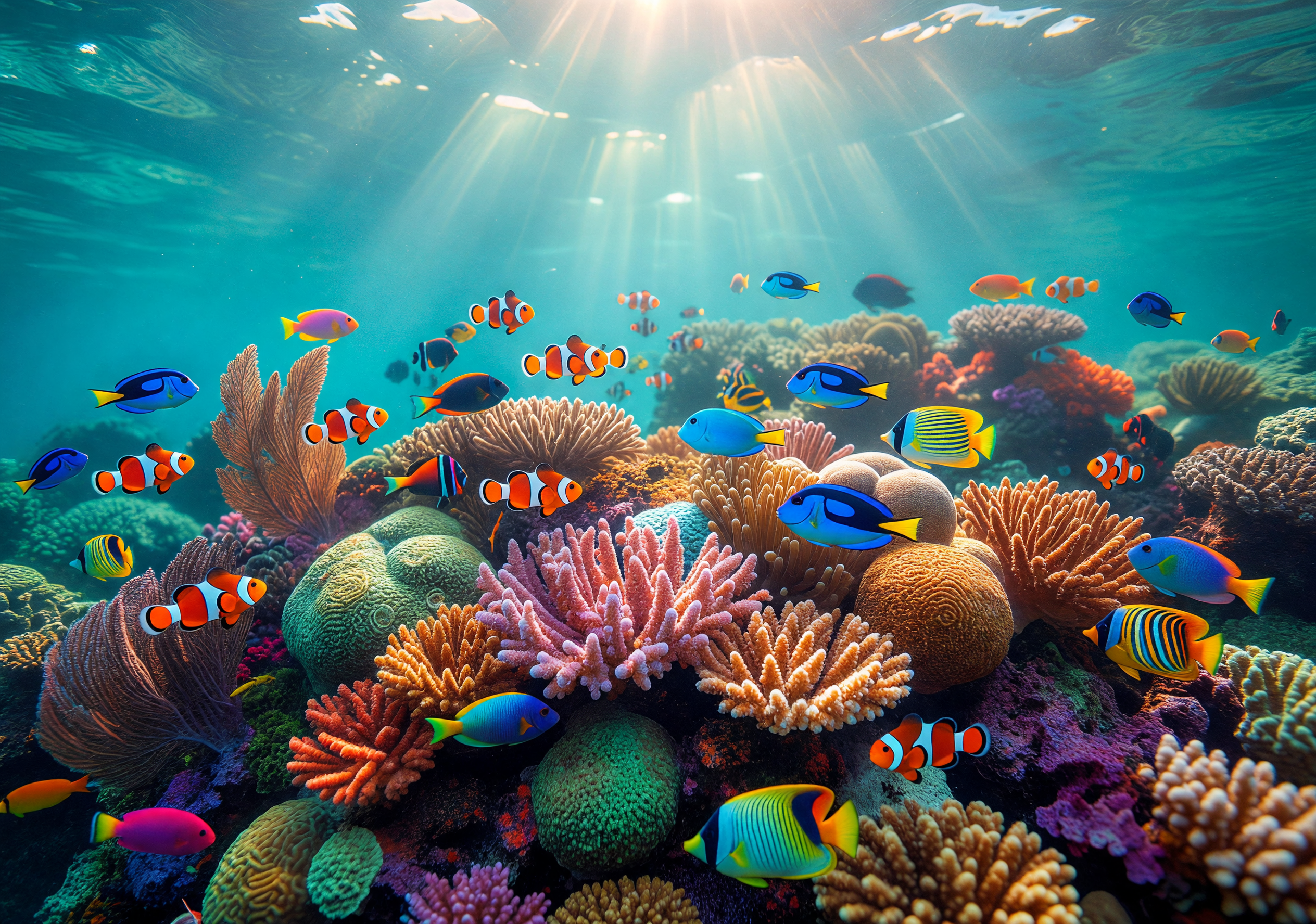 Sunlit Coral Reef with Colorful Tropical Fish