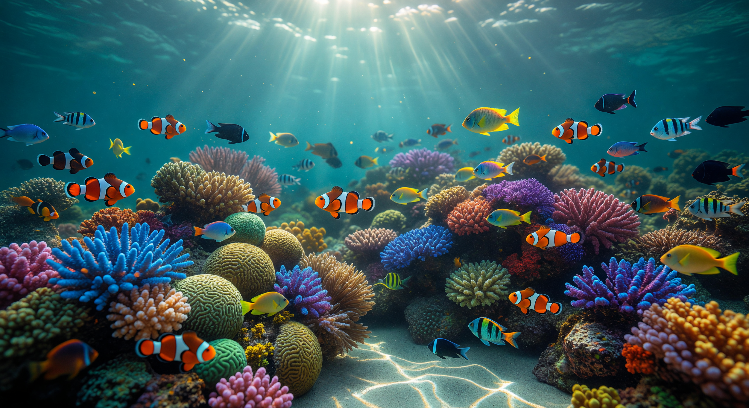 Sunlit Coral Reef with Colorful Tropical Fish
