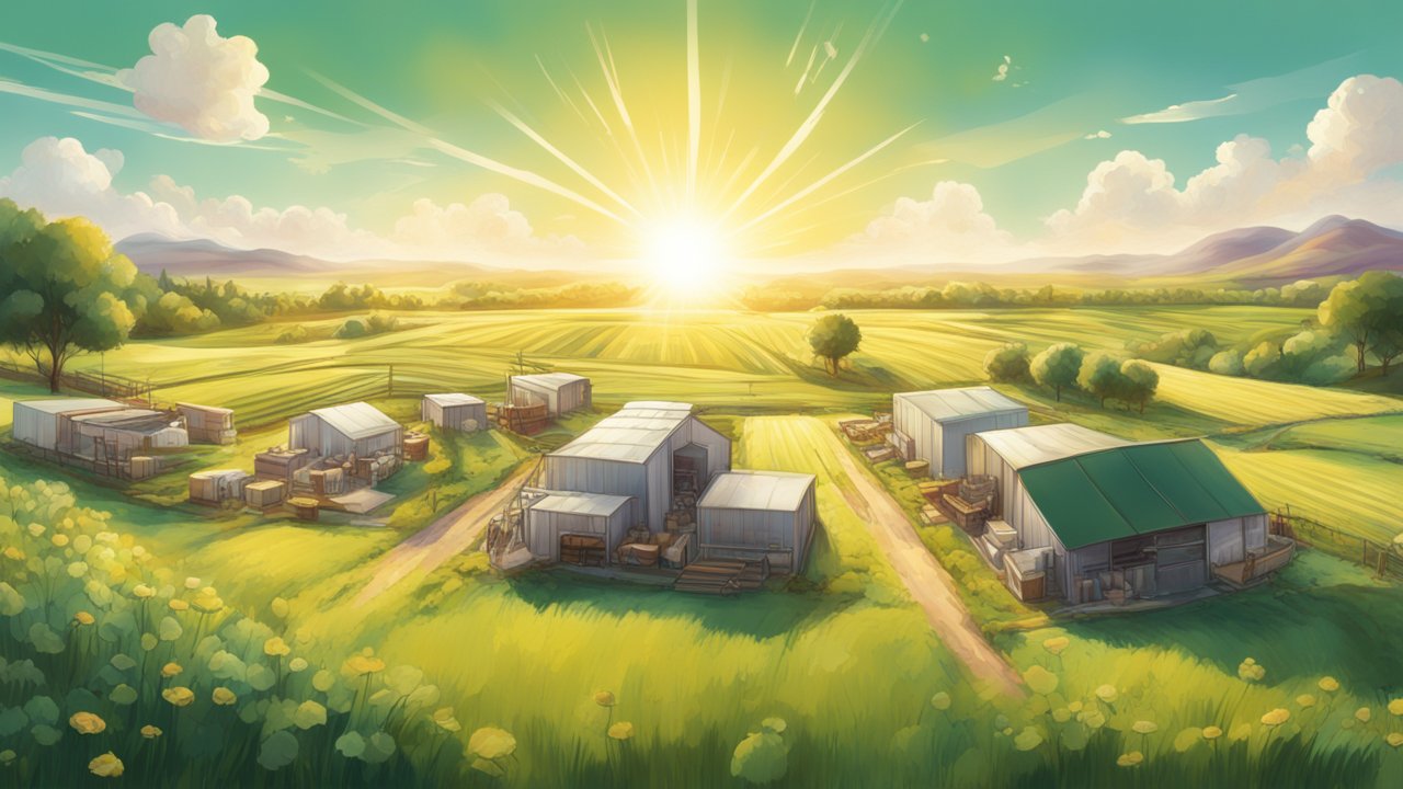 Sunlit Countryside Farm with Storage Sheds at Sunrise