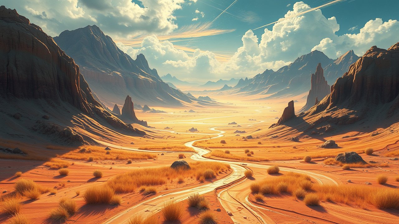 Sunlit Desert Valley with Winding River and Mountain Peaks