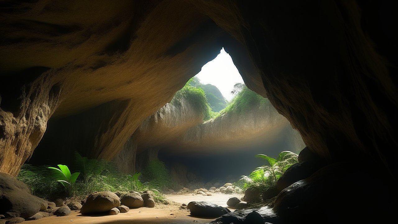Sunlit Entrance of a Lush Cave