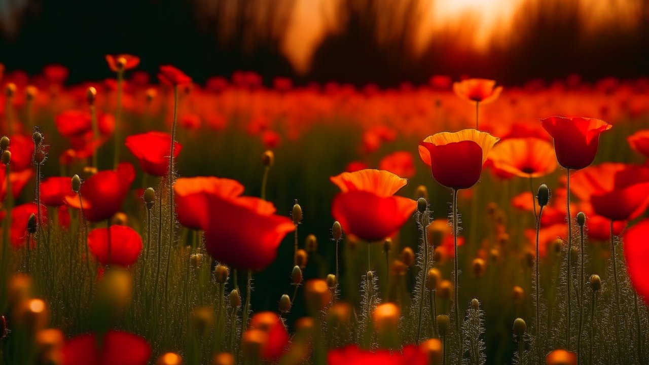 Sunlit Field of Vibrant Red Poppies at Sunset