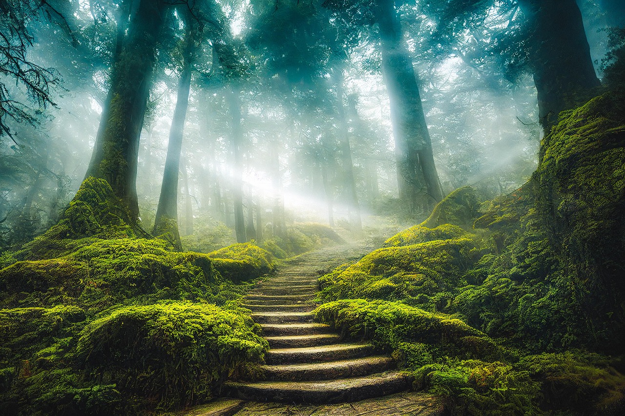 Sunlit Forest Path with Moss-Covered Stairs