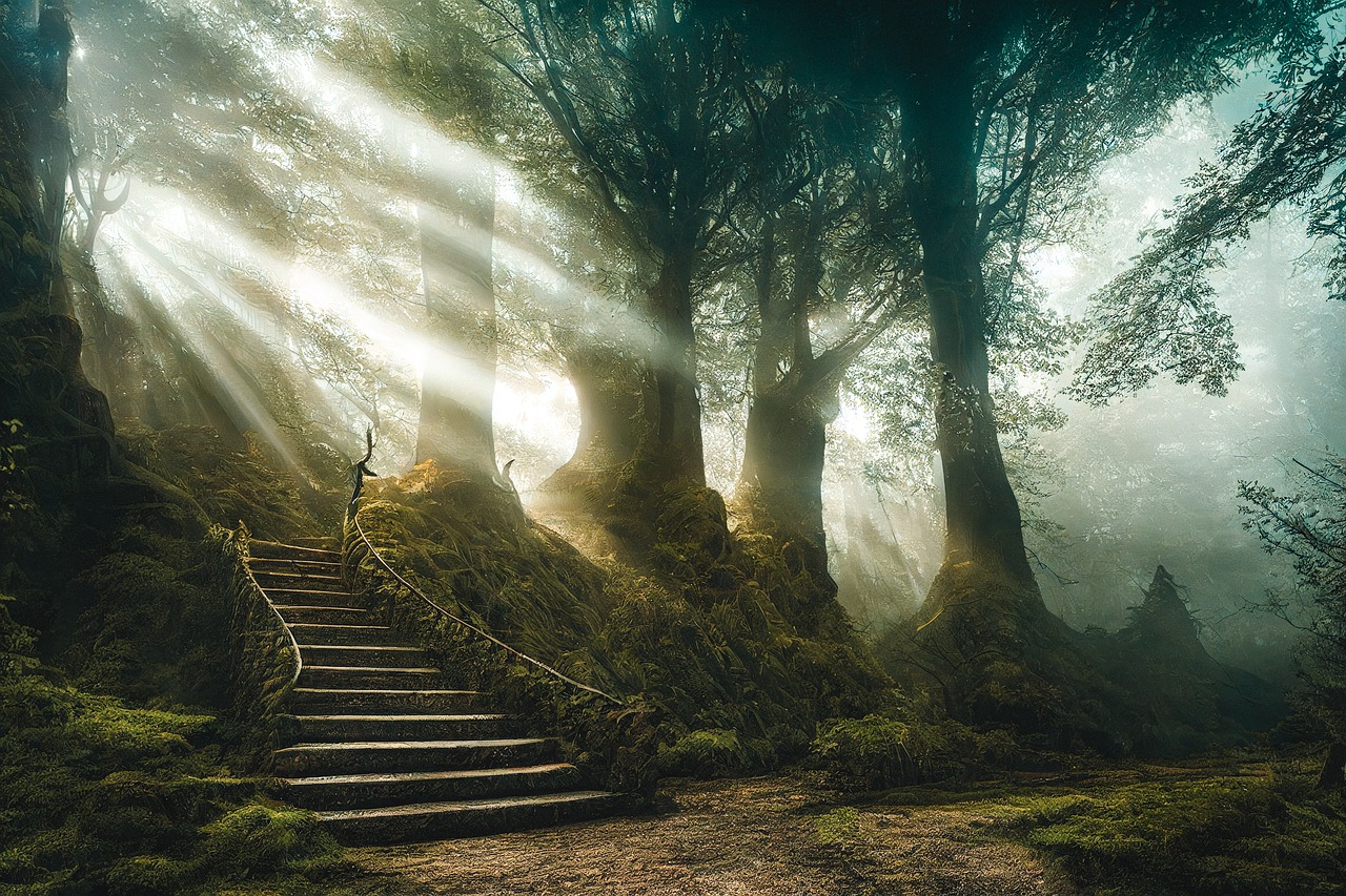 Sunlit Forest Staircase Amidst Ancient Trees