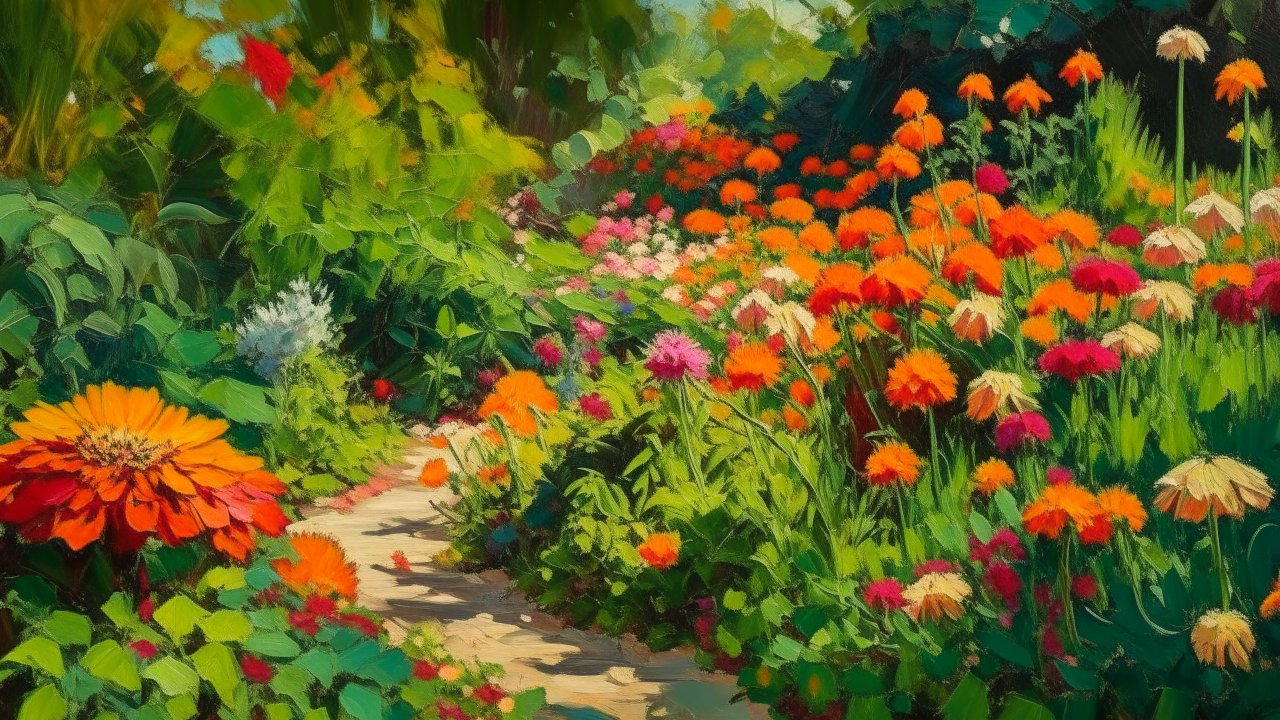 Sunlit Garden Path with Vibrant Flowers