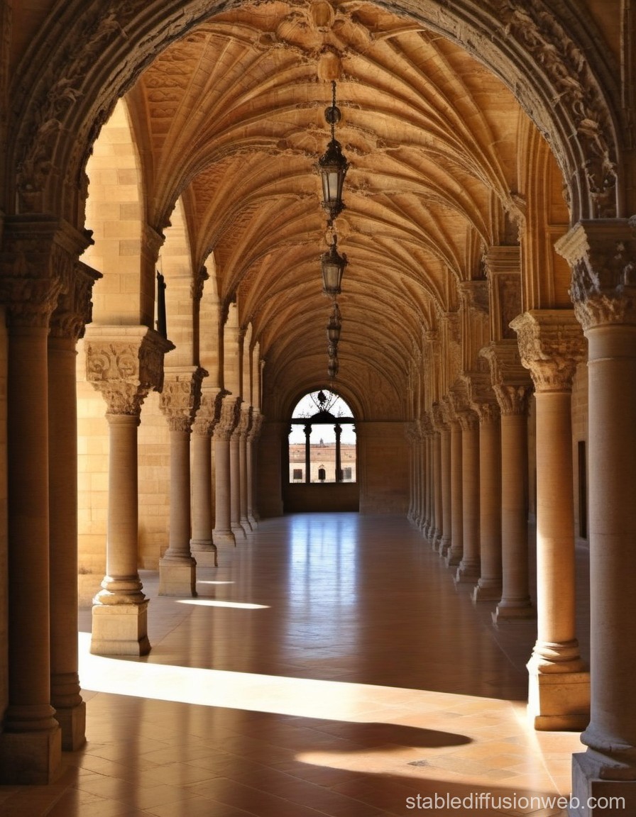 Sunlit Gothic Cloister with Ornate Columns and Vaulted Ceiling
