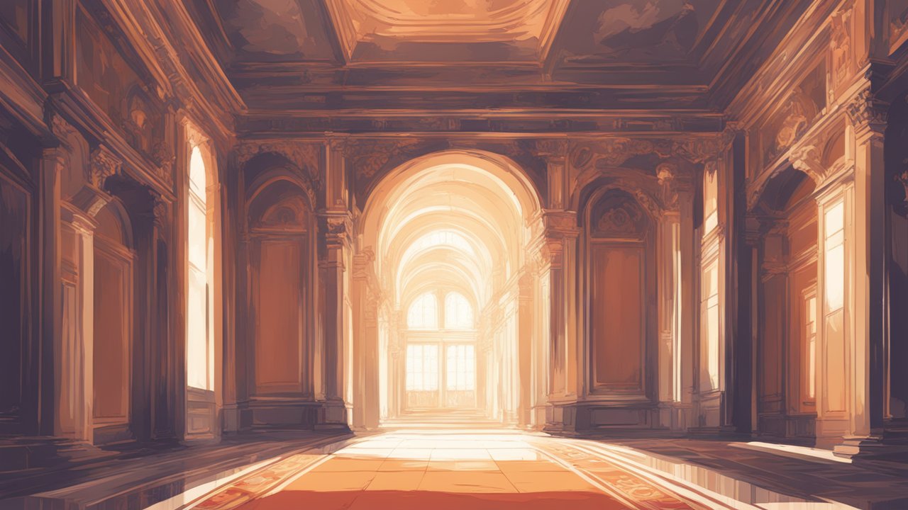 Sunlit Grand Hall with Classical Architecture
