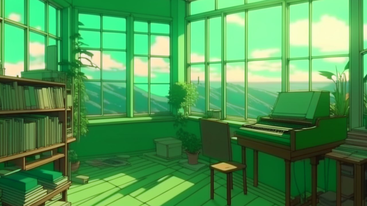 Sunlit Green Academia Room with Piano and Bookshelves