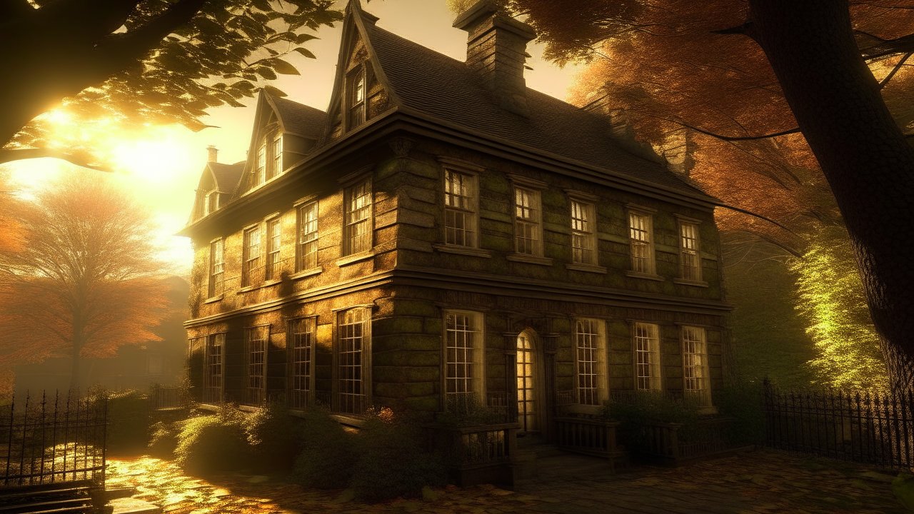Sunlit Historic Stone House in Autumn Evening