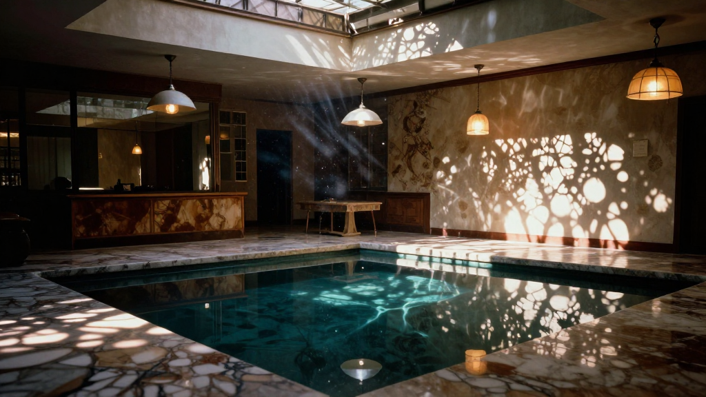 Sunlit Indoor Pool with Artistic Shadow Patterns