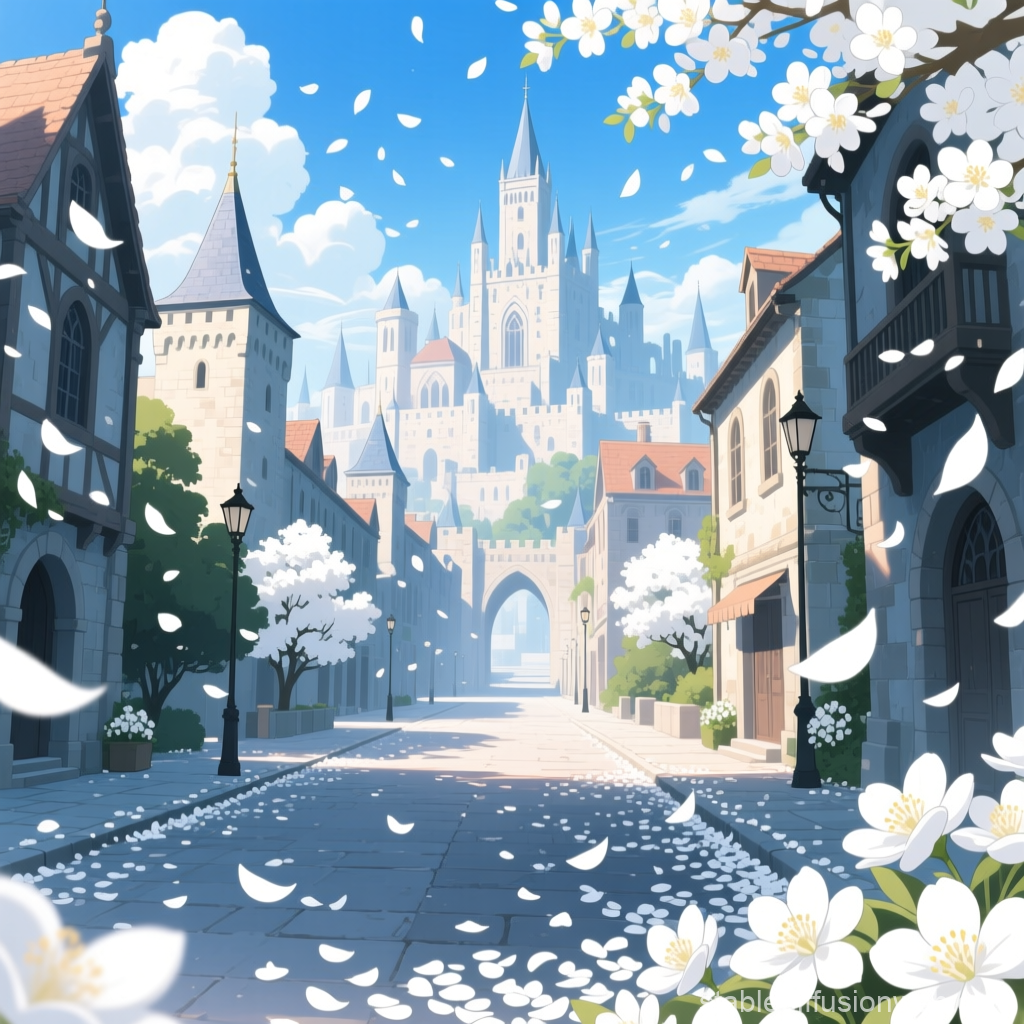 Sunlit Medieval City Street with Blossoming Trees