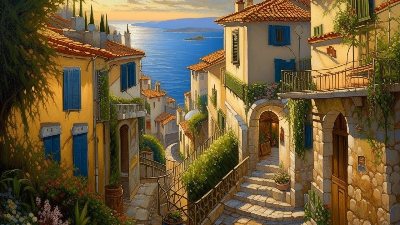 Sunlit Mediterranean Coastal Village Street