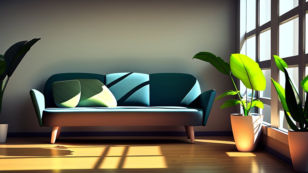 Sunlit Modern Living Room with Sofa and Green Plants