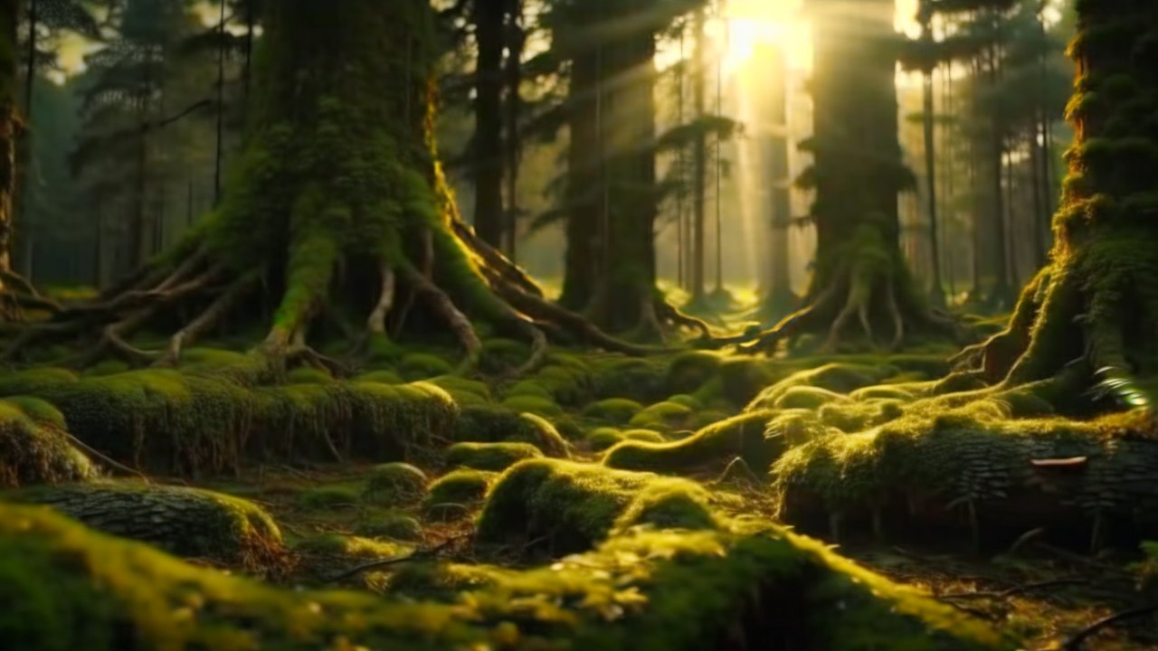 Sunlit Mossy Forest Floor with Ancient Tree Roots