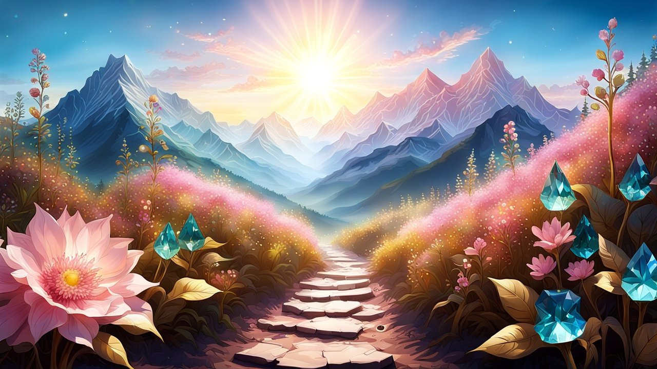 Sunlit Mountain Path Through Magical Floral Valley