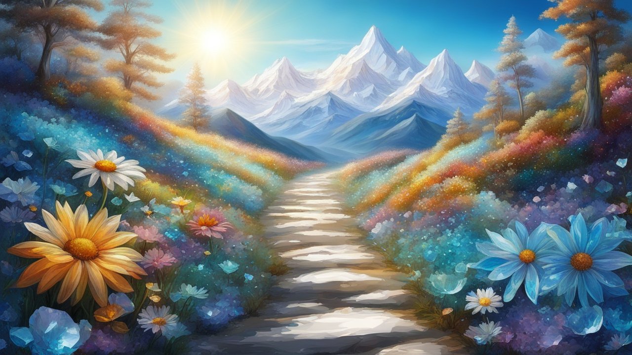 Sunlit Mountain Path Through Vibrant Flower Fields