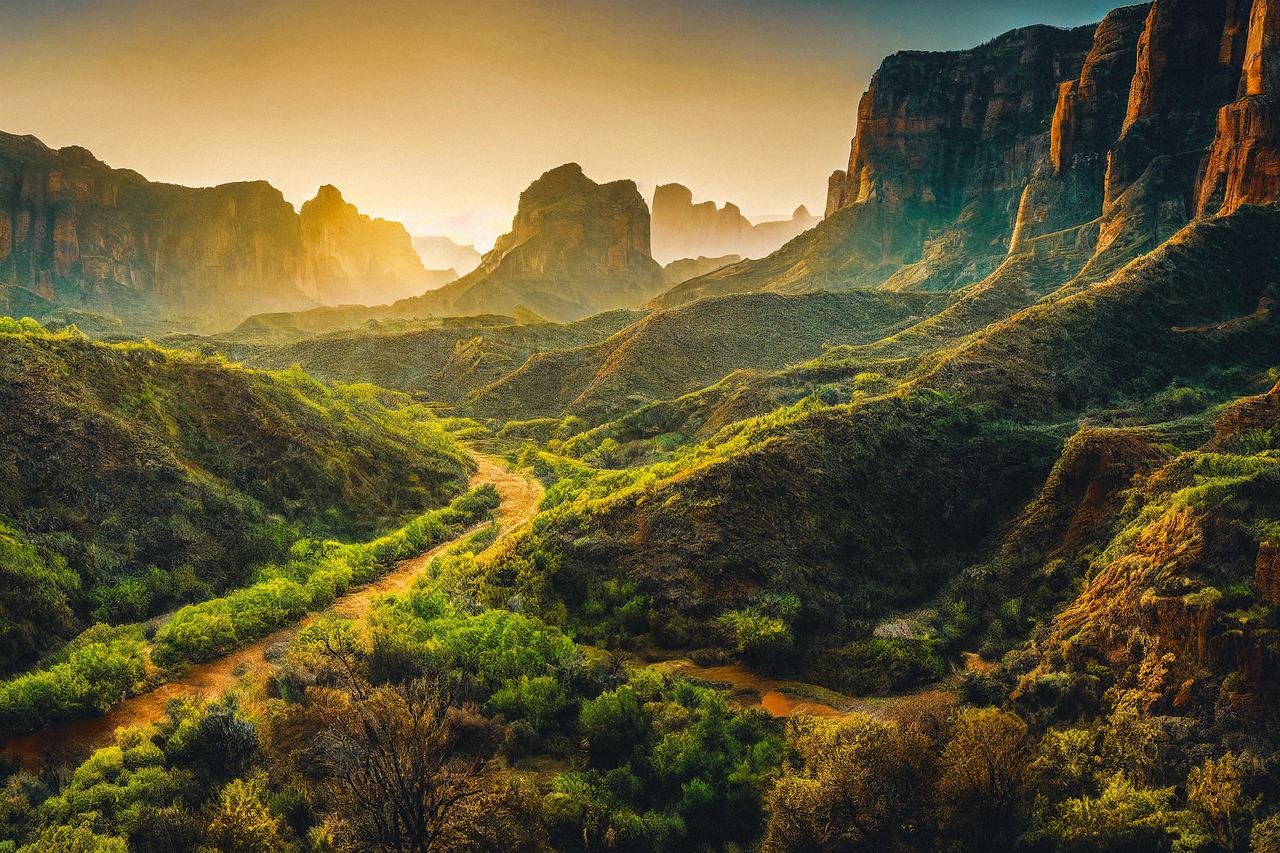 Sunlit Mountain Valley with Lush Greenery