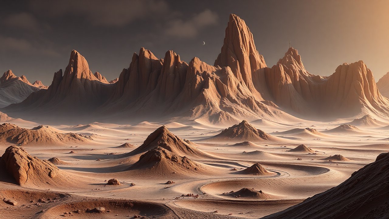 Sunlit Mudstone Desert with Jagged Peaks