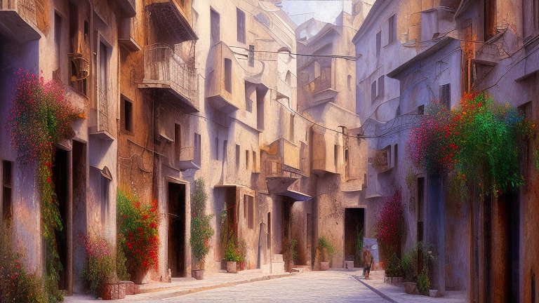 Sunlit Narrow Street with Flowering Plants in Historic Town