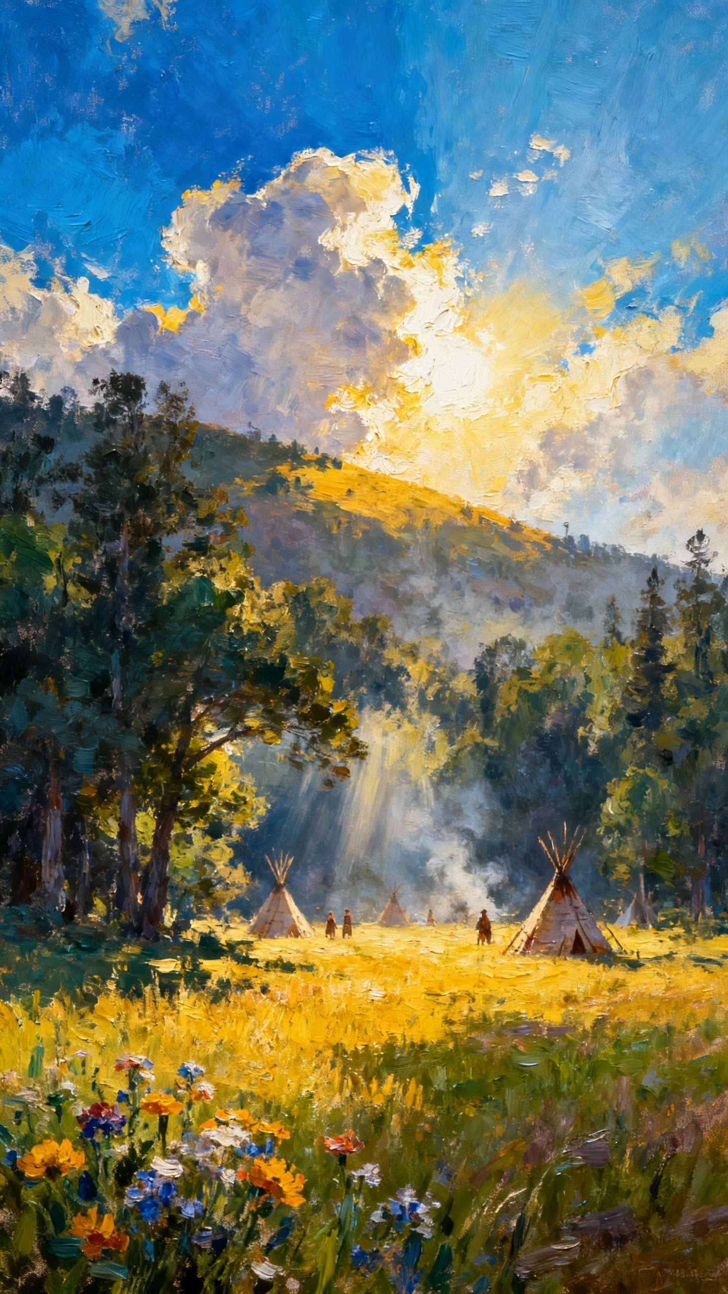 Sunlit Native American Village in a Mountain Meadow