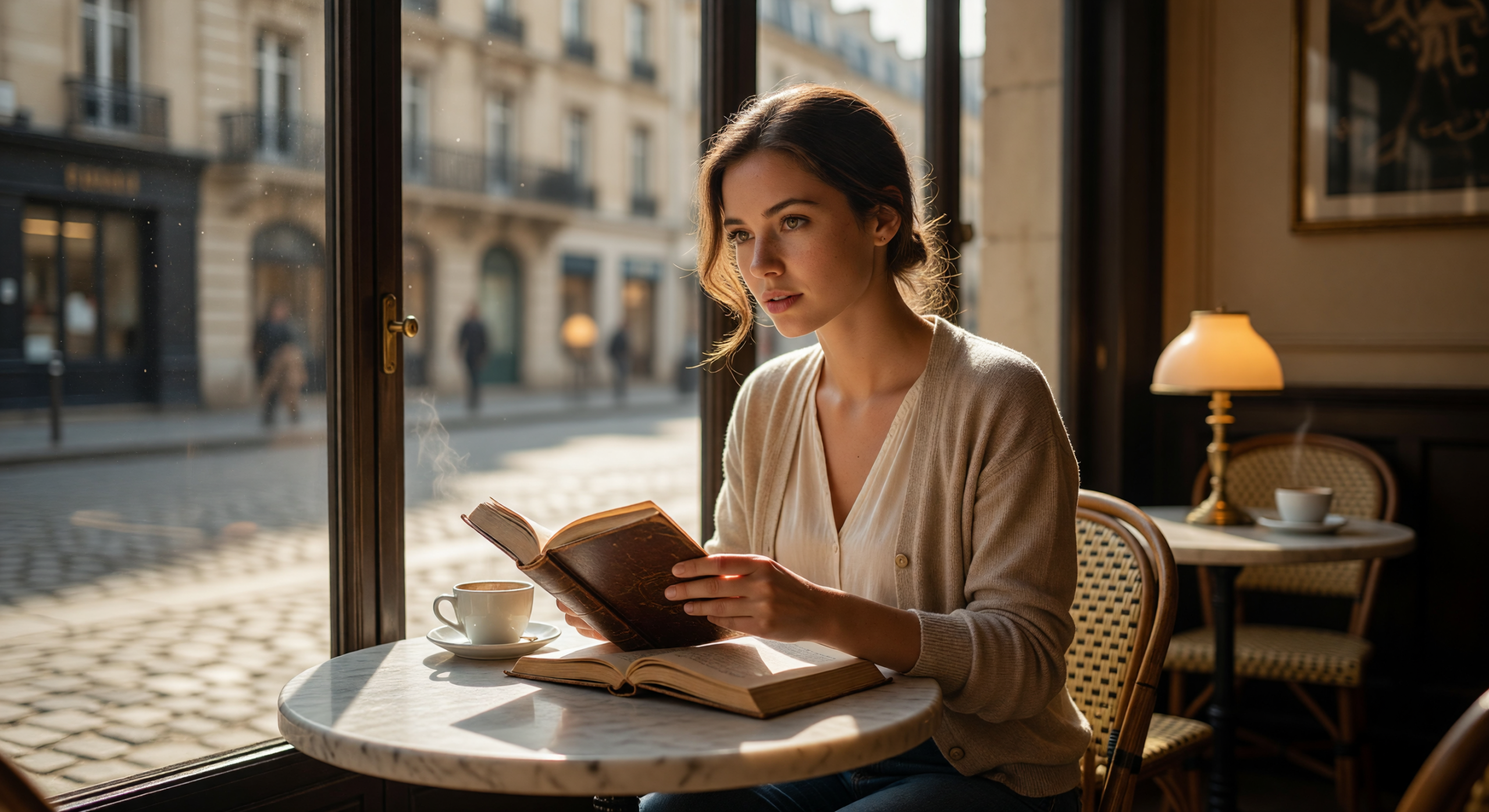 Sunlit Parisian Café Moment with Woman Reading