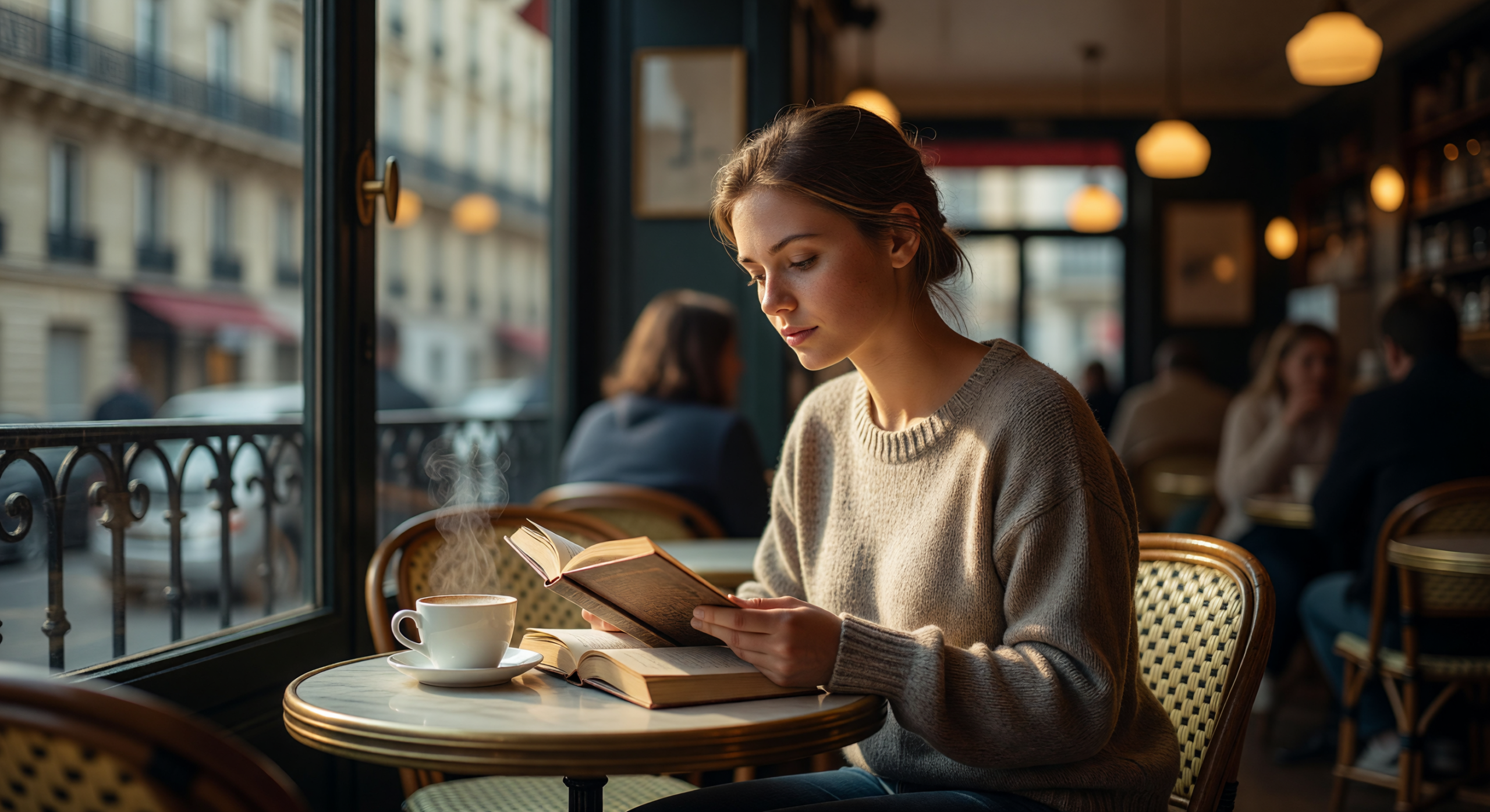 Sunlit Parisian Cafe Bookworm Reading