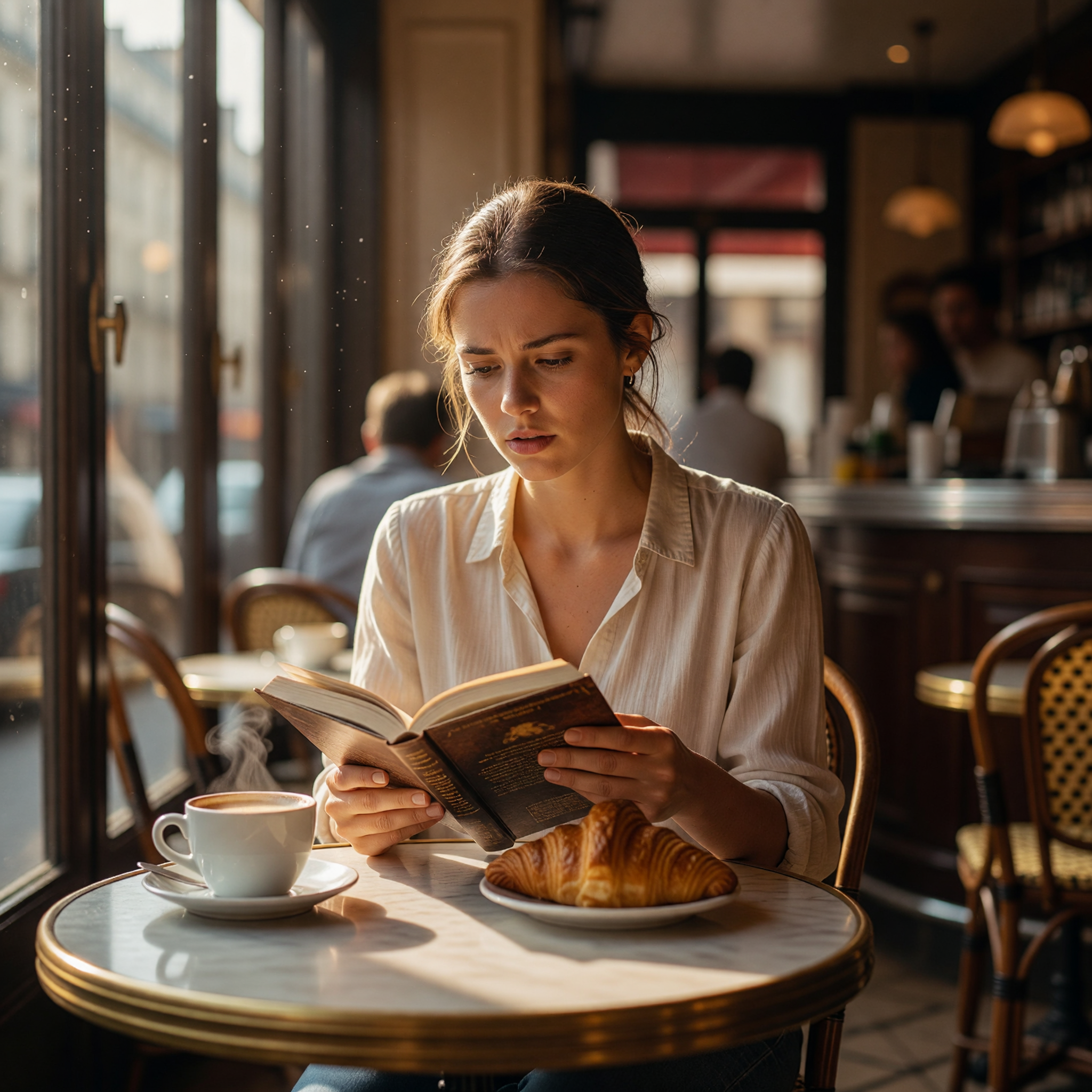 Sunlit Parisian Cafe Moment with Book and Croissant