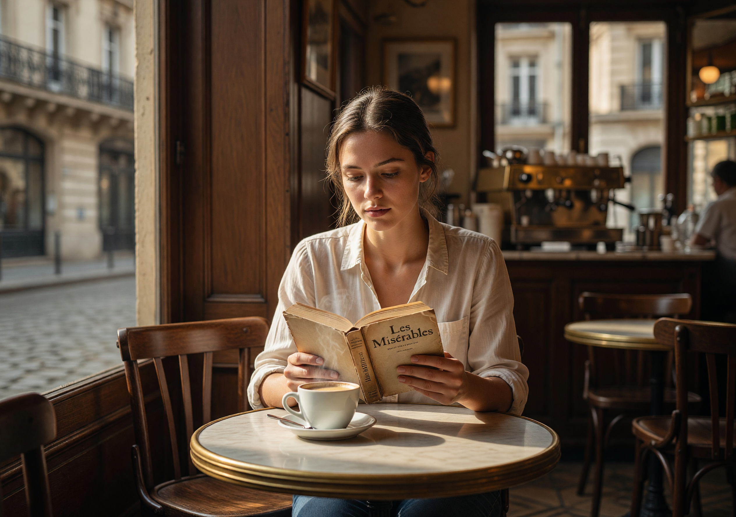 Sunlit Parisian Cafe Woman Reading Les Misérables