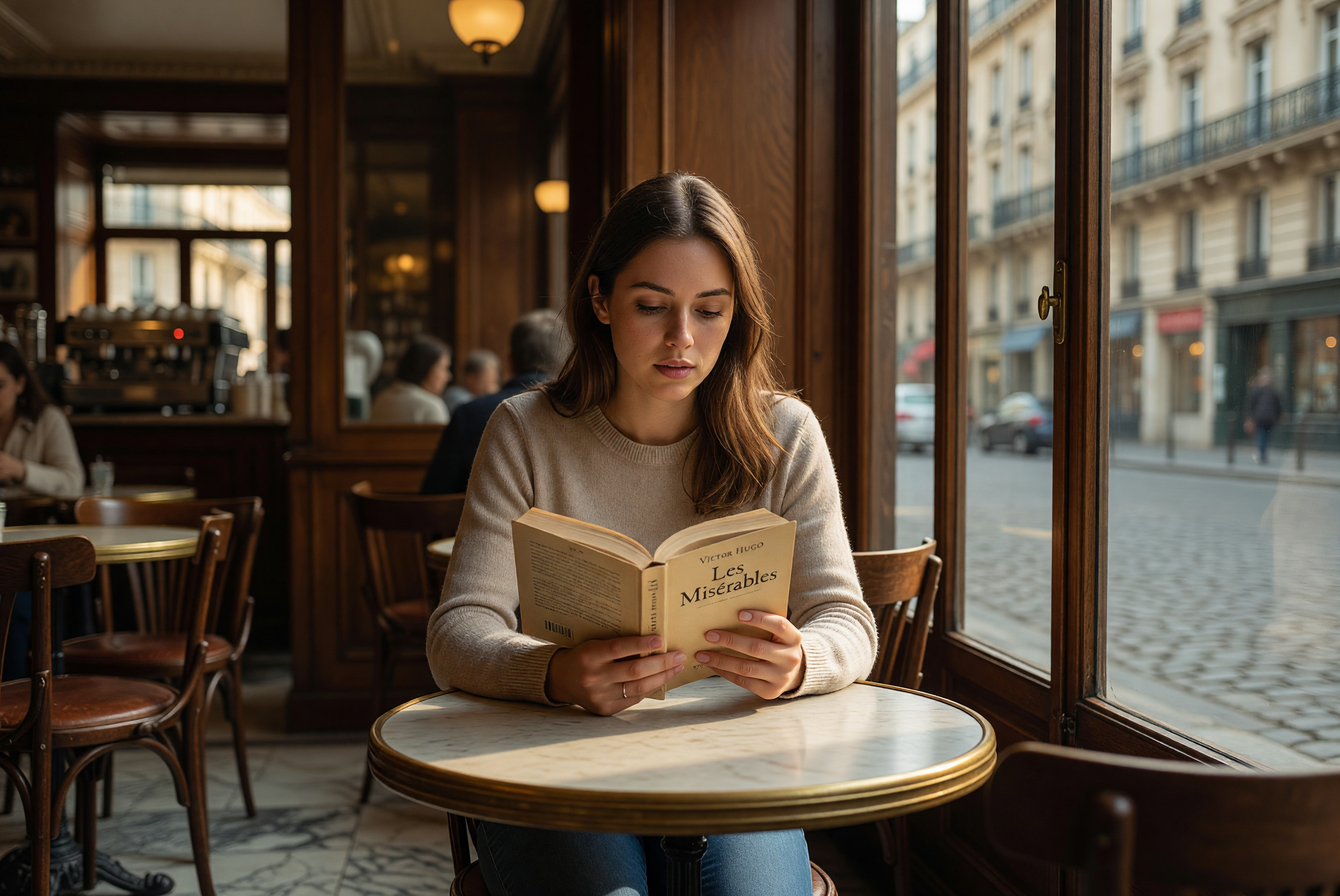 Sunlit Parisian Woman Reading Les Misérables in Cozy Café