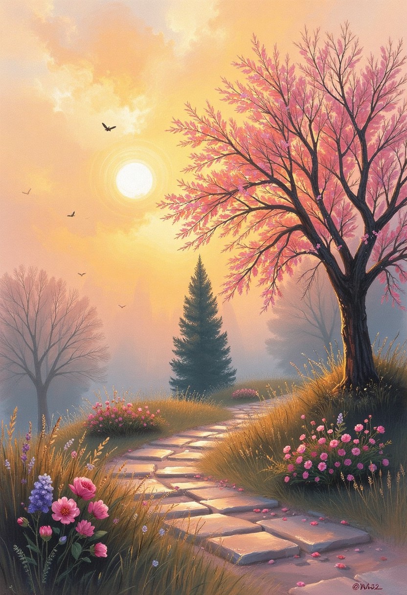 Sunlit Pathway Through a Serene Blossom Garden