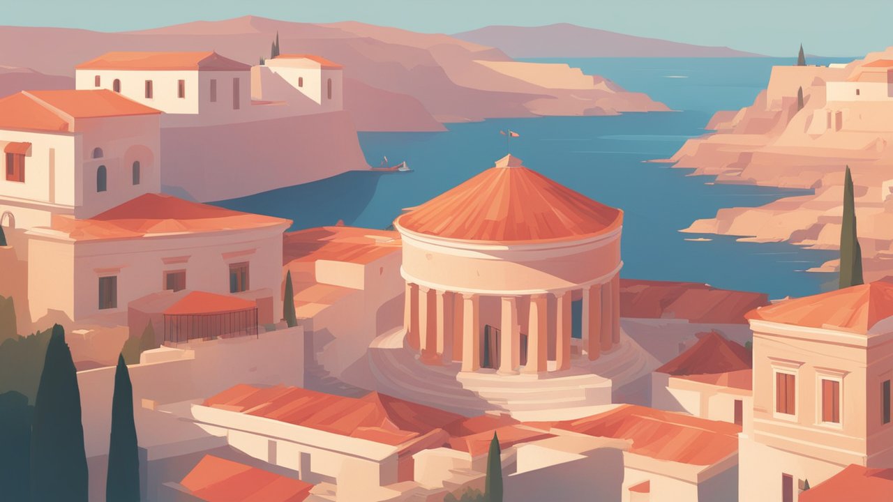 Sunlit Peloponnesian Coastal Town with Classical Architecture