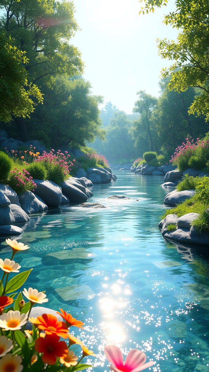 Sunlit River Flowing Through Lush Forest with Vibrant Flowers