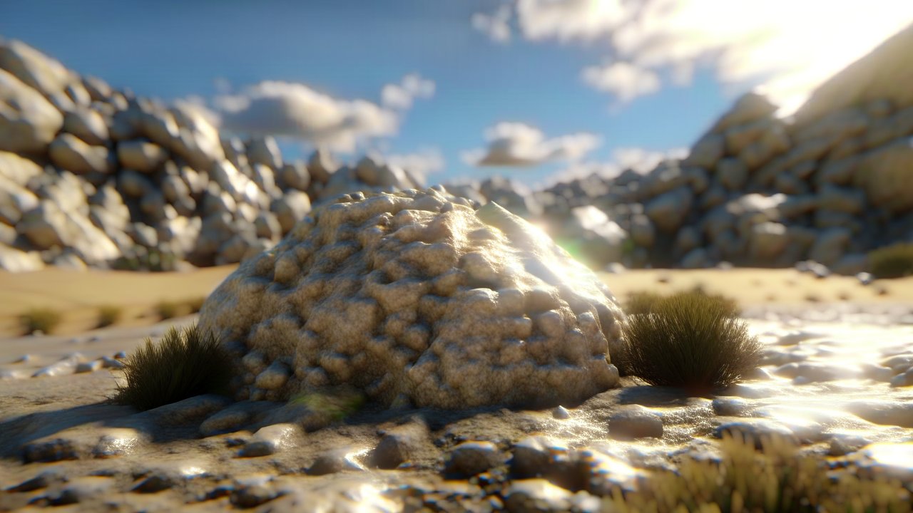 Sunlit Rocky Desert Landscape with Sparse Vegetation