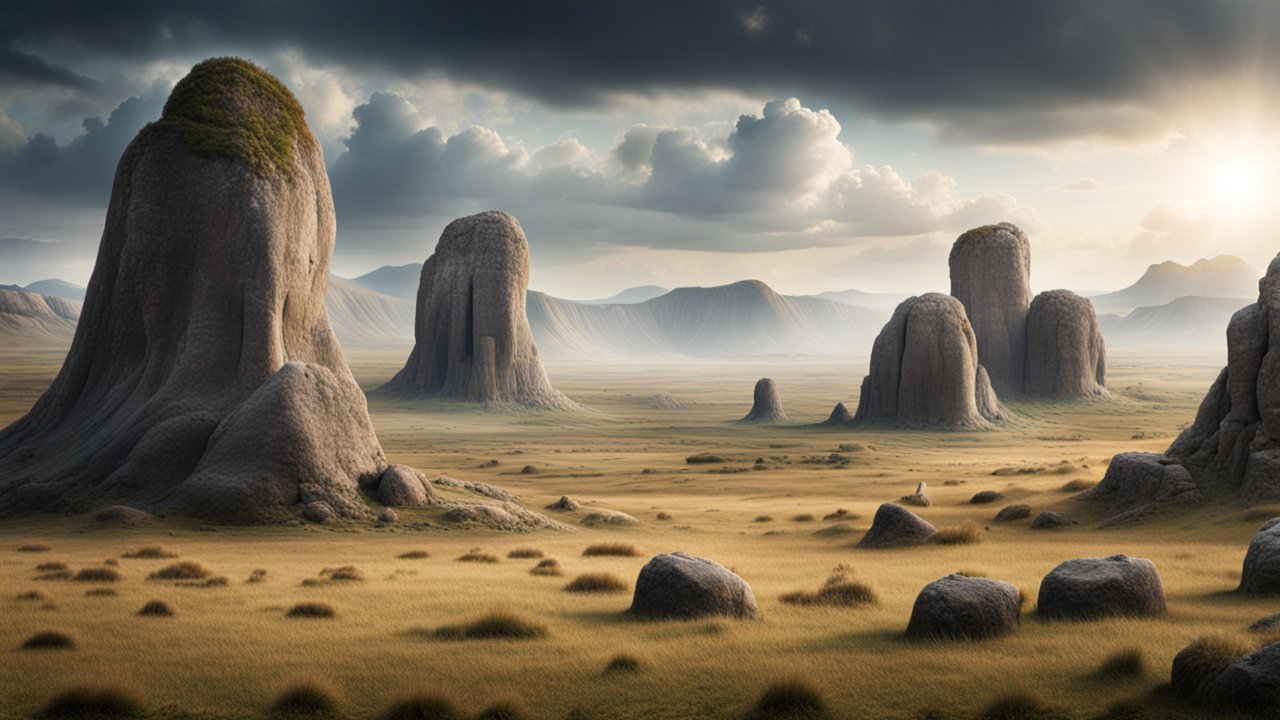 Sunlit Rocky Formations in a Vast Desert Landscape