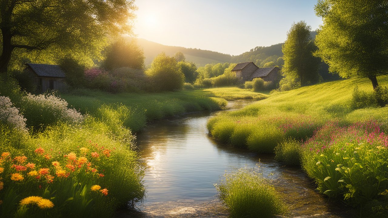 Sunlit Rural Stream with Wildflowers and Rolling Hills