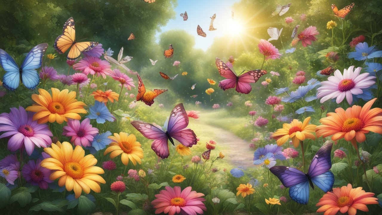 Sunlit Summer Garden with Colorful Butterflies