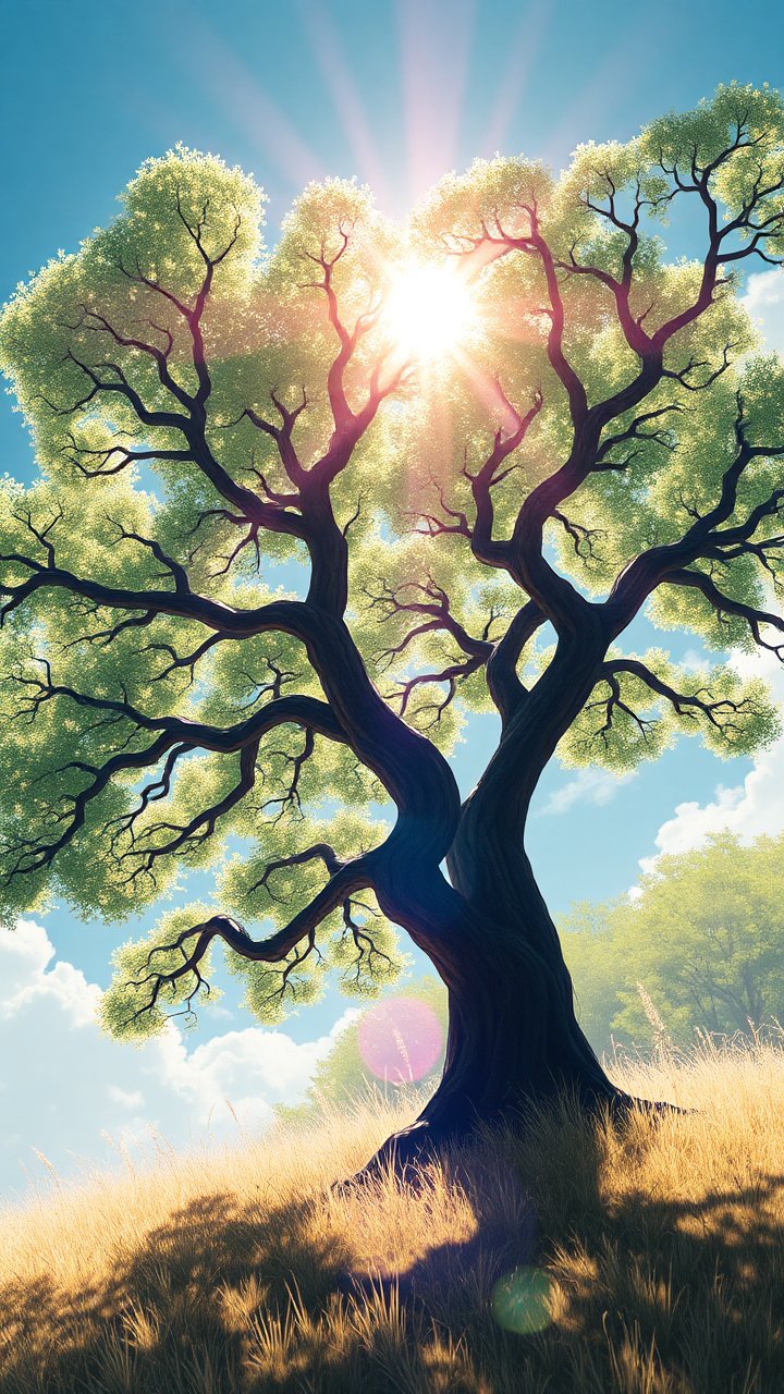 Sunlit Tree in Ghibli Style on a Sunny Hill