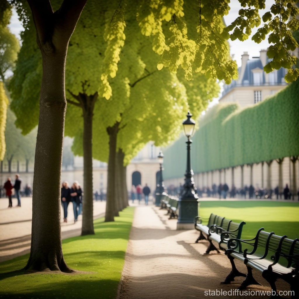Sunlit Tree-Lined Pathway with Benches in Urban Park