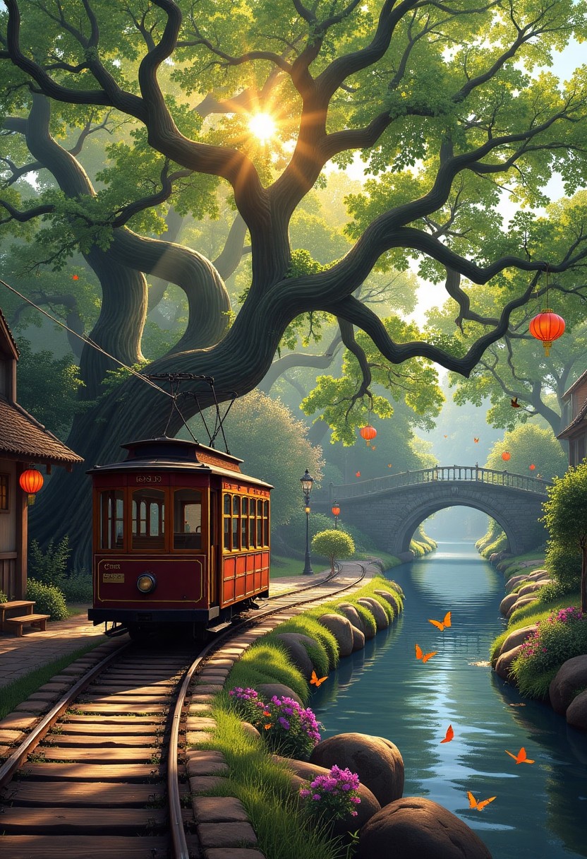 Sunlit Trolley Along a Serene Canal with Blossoming Trees