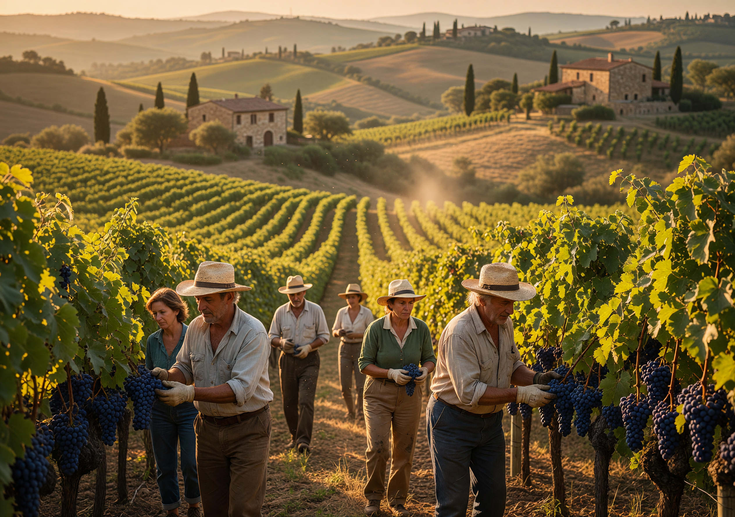 Sunlit Tuscan Vineyard Harvest with Workers Picking Grapes
