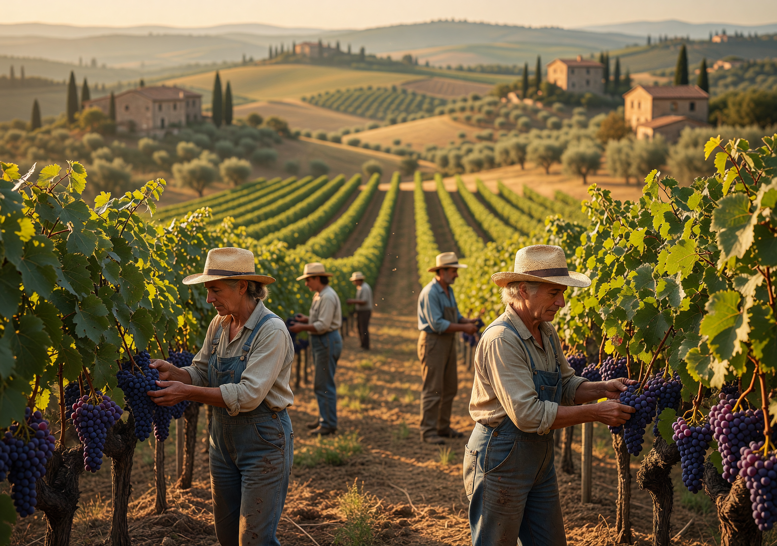 Sunlit Tuscan Vineyard Harvest with Workers Picking Grapes
