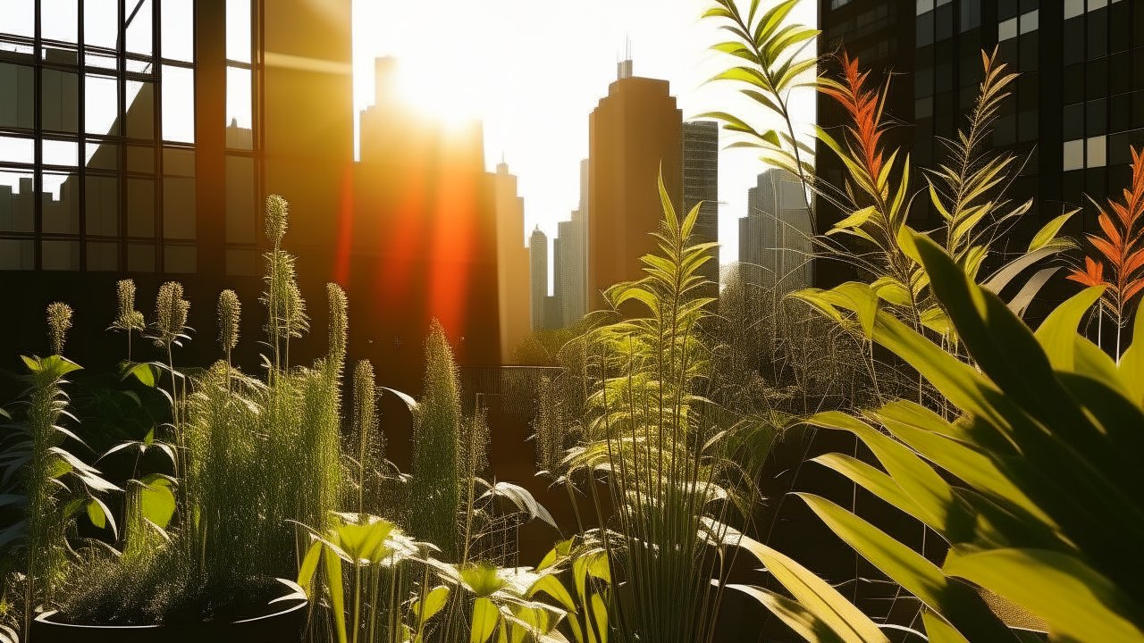 Sunlit Urban Garden with City Skyline