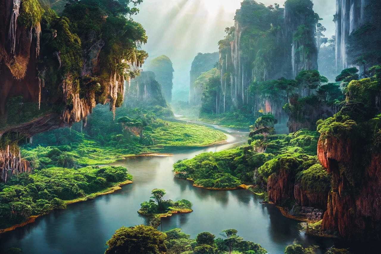 Sunlit Valley with Lush Greenery and Serene River