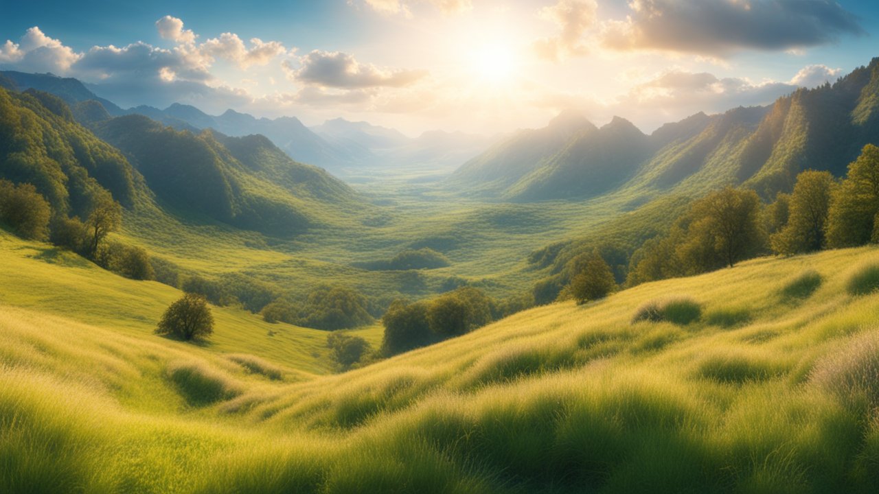 Sunlit Valley with Rolling Green Hills and Distant Mountains