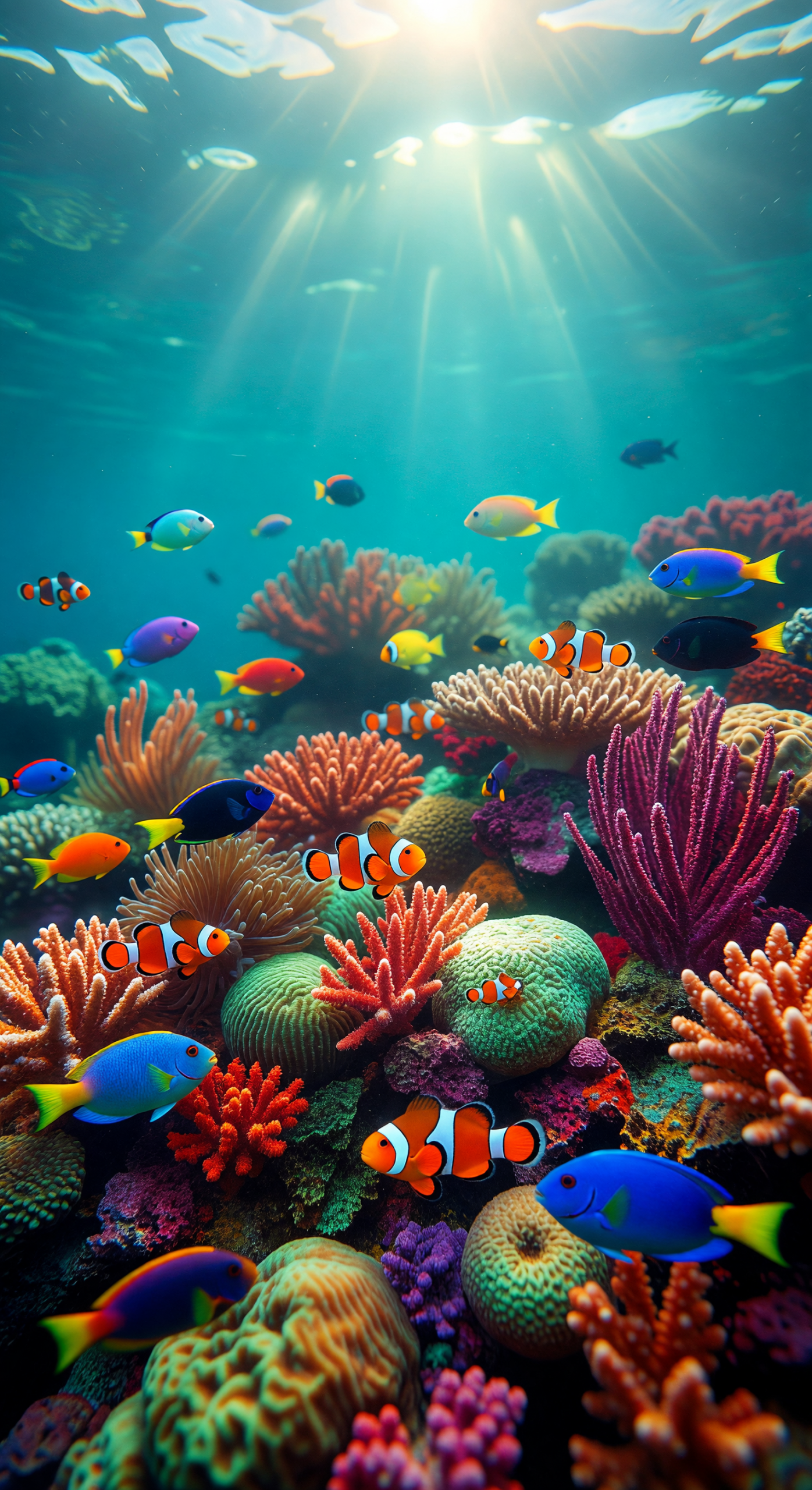 Sunlit Vibrant Coral Reef with Colorful Tropical Fish