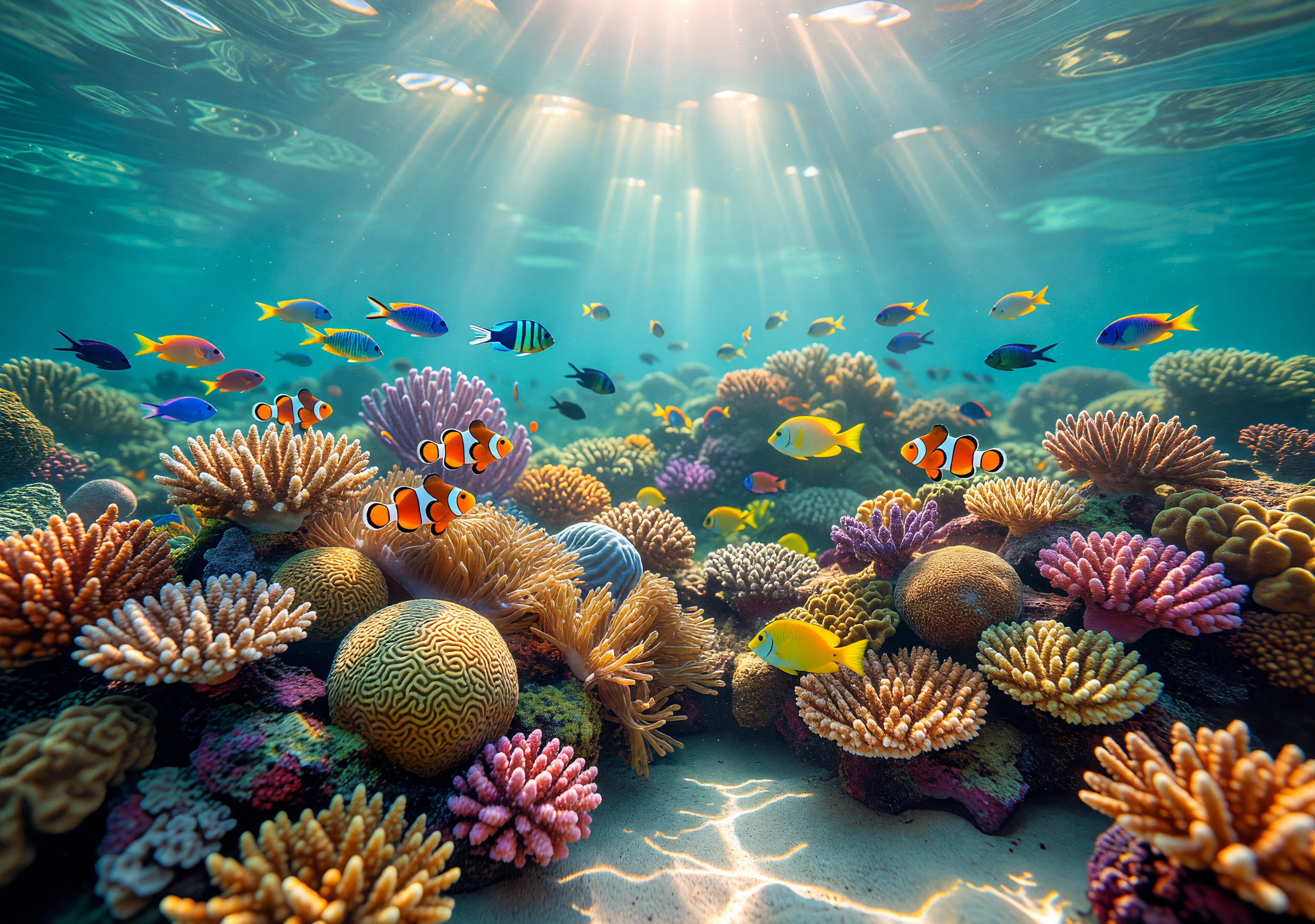 Sunlit Vibrant Coral Reef with Colorful Tropical Fish