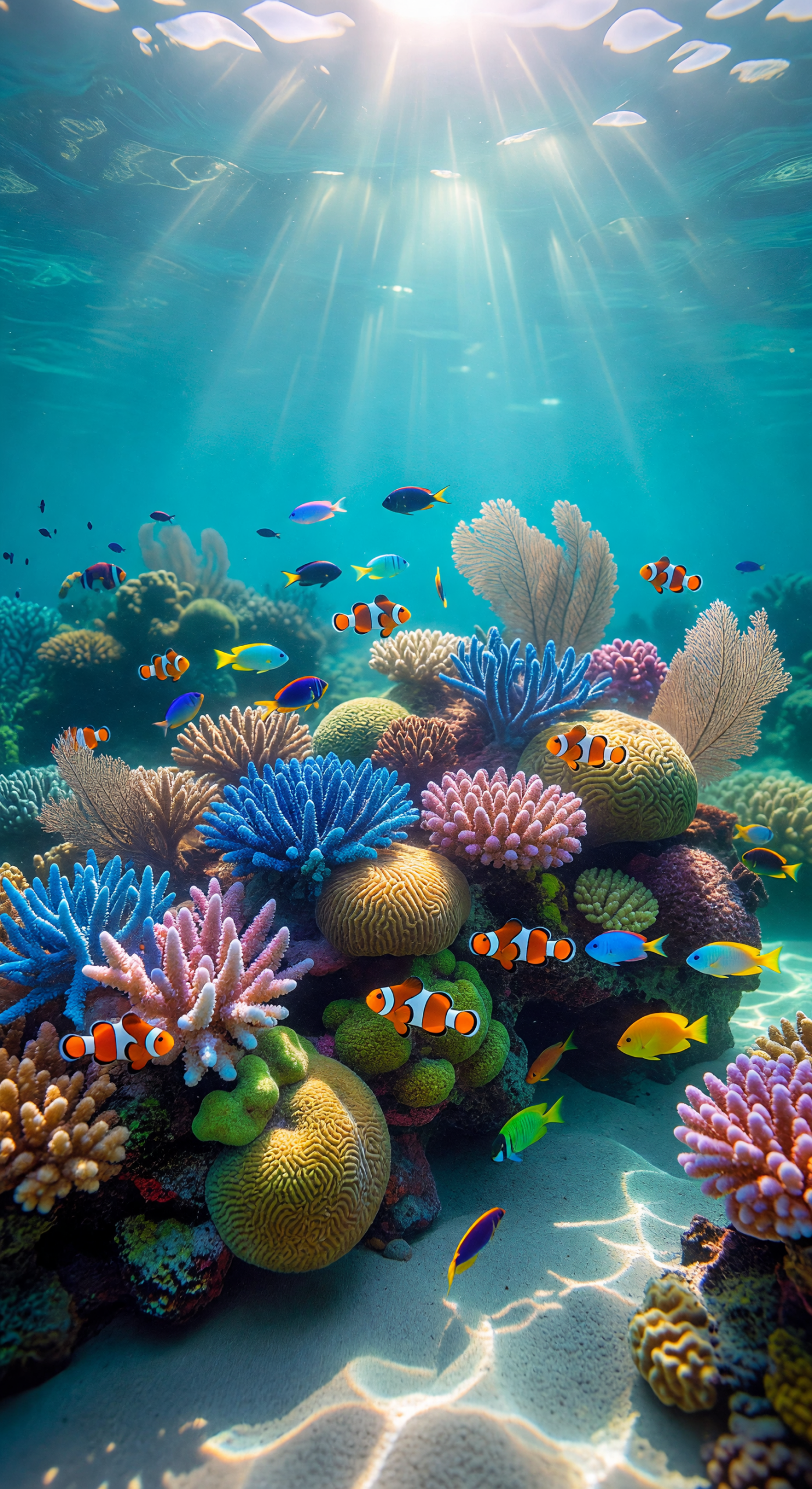Sunlit Vibrant Coral Reef with Colorful Tropical Fish